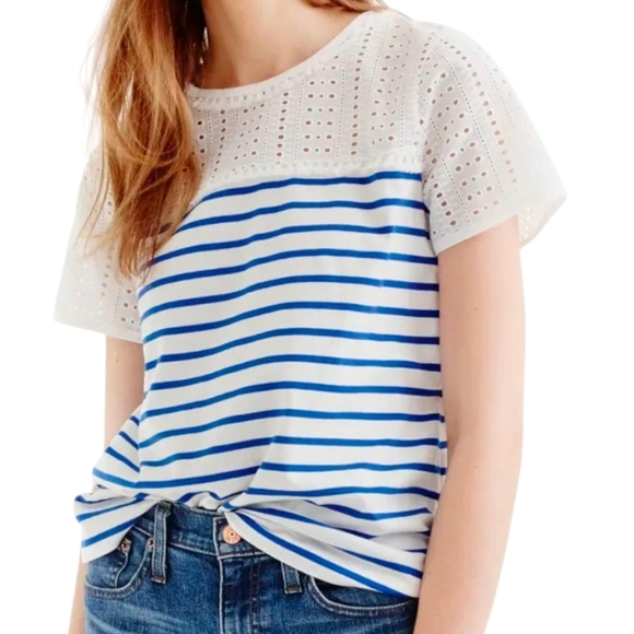J Crew Blue and White Striped Eyelet Top Size Small - Picture 2 of 9
